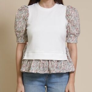 Anthropologie White Floral Puff Sleeve Blouse